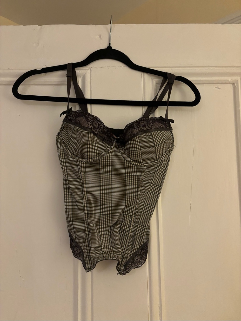 sophie b. Plaid Lace-Trim Bodysuit - Brown/Black